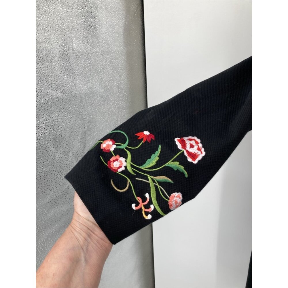 VICTOR COSTA vtg 90s Women Coat 2X Black Embroidered Flowers Button up Longline - Picture 3 of 11